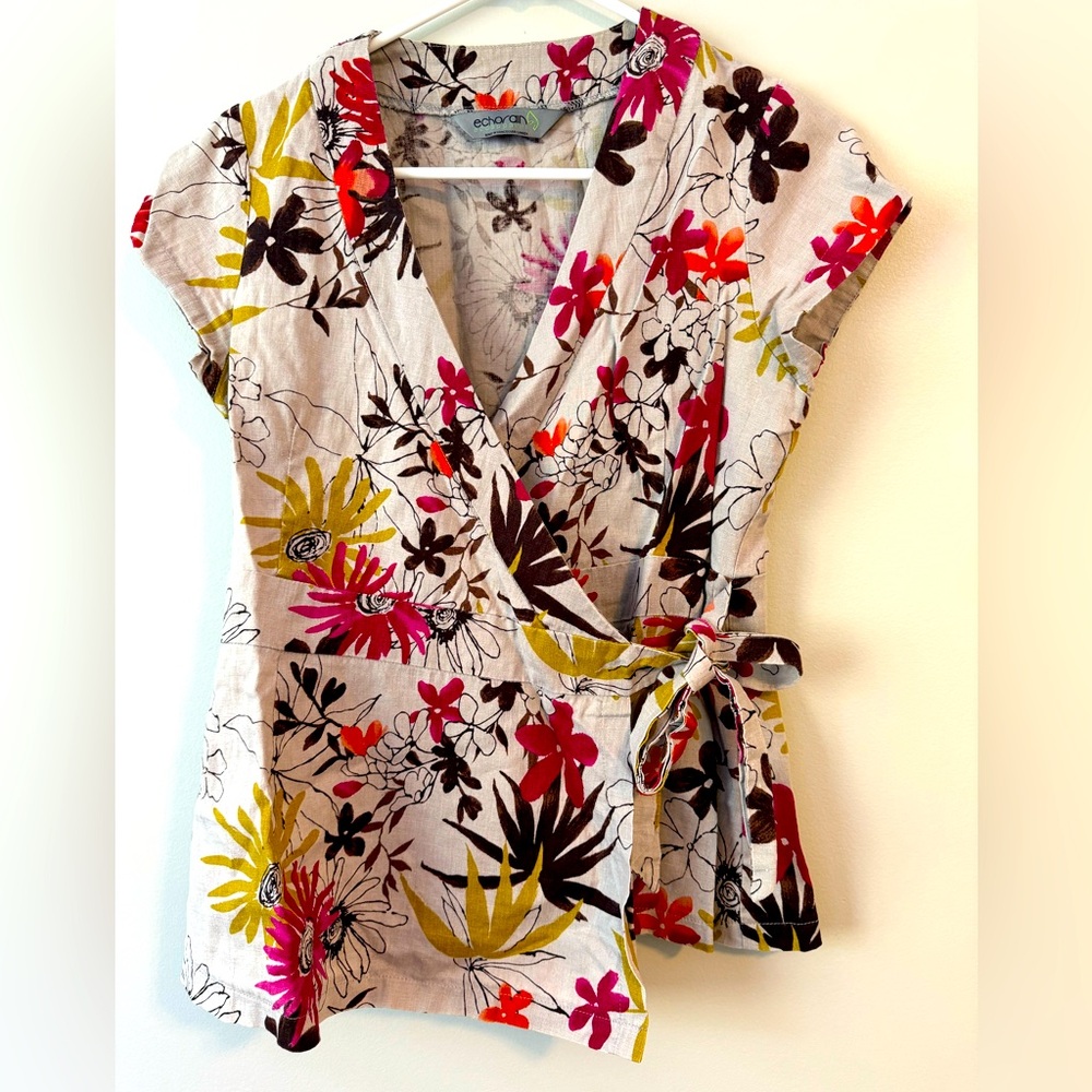 Echorain Ecoapperal Linen Flower Wrap Short Sleeve Top Made in Vancouver Canada
